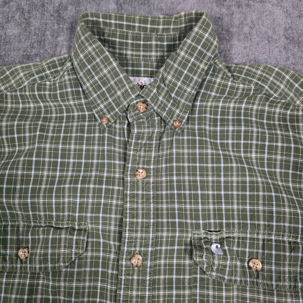 Carhartt Button Down Shirt Mens Large Green Plaid Short Sleeve Workwear Cotton L